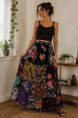 Sacred Threads Boho Patchwork Tiered Maxi Skirt XL Eclectic Artsy Maximalist 00s